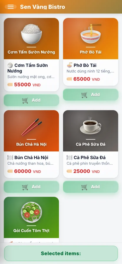 The mobile menu with dish photos, prices and add buttons